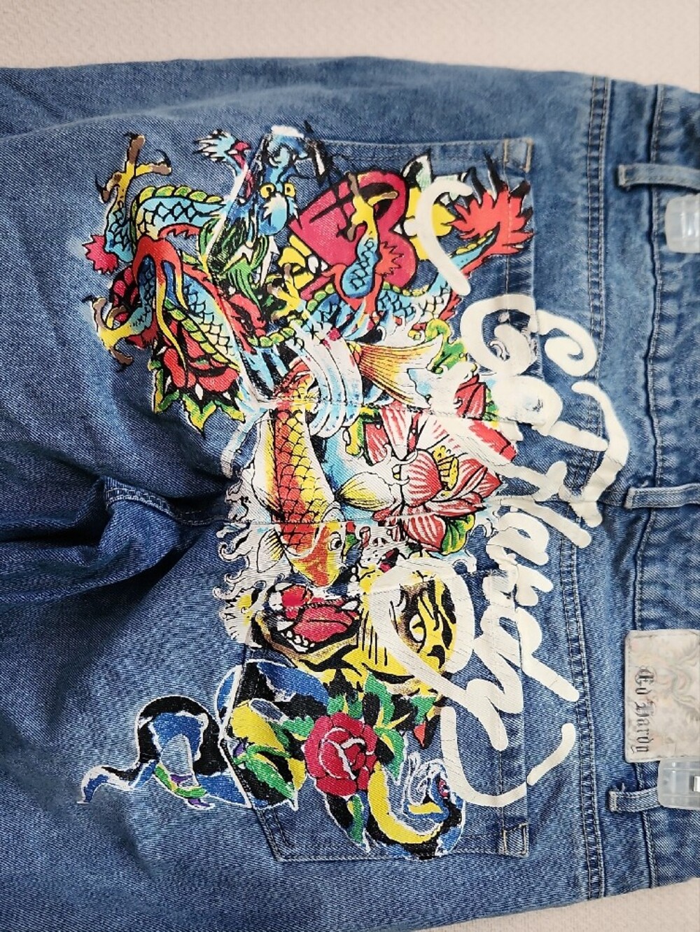Ed Hardy Blue Denim Jeans with Multicolor Tattoo Dragon Painting - Picture 2 of 5